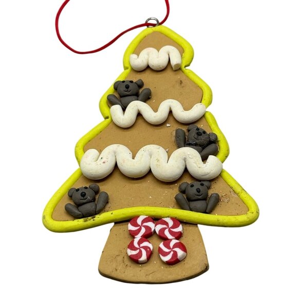 Clay Christmas Tree Ornament With Bears & Peppermint Design 4" READ - Picture 1 of 7